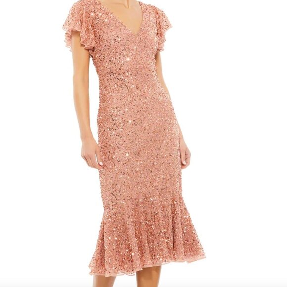 Mac Duggal Sequin Flutter Sleeve Ruffle Midi Dress - Picture 1 of 9